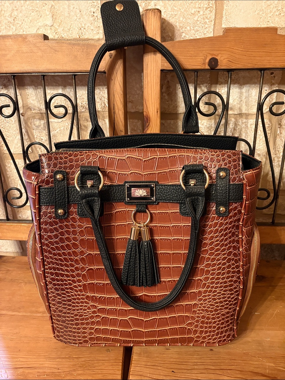 Croc-Embossed Brown Tote with Black Trim and Tassel Accent